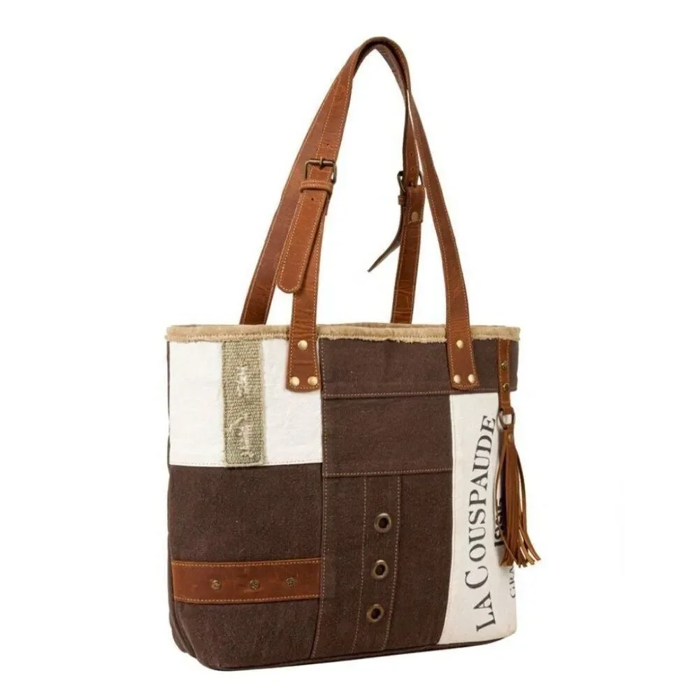 Myra Bag Handmade Francais Tote Bag Upcycled Canvas & Cowhide Leather